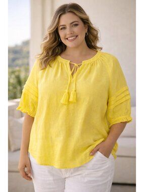 Talbots Yellow Linen Blouse 2X Plus Tassel Boho Top Summer Lightweight